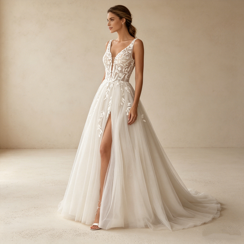 Elegantes A-Linien Abendkleid mit Beinschlitz – Bodenlanges Maxikleid mit floraler Stickerei und tiefem V-Ausschnitt