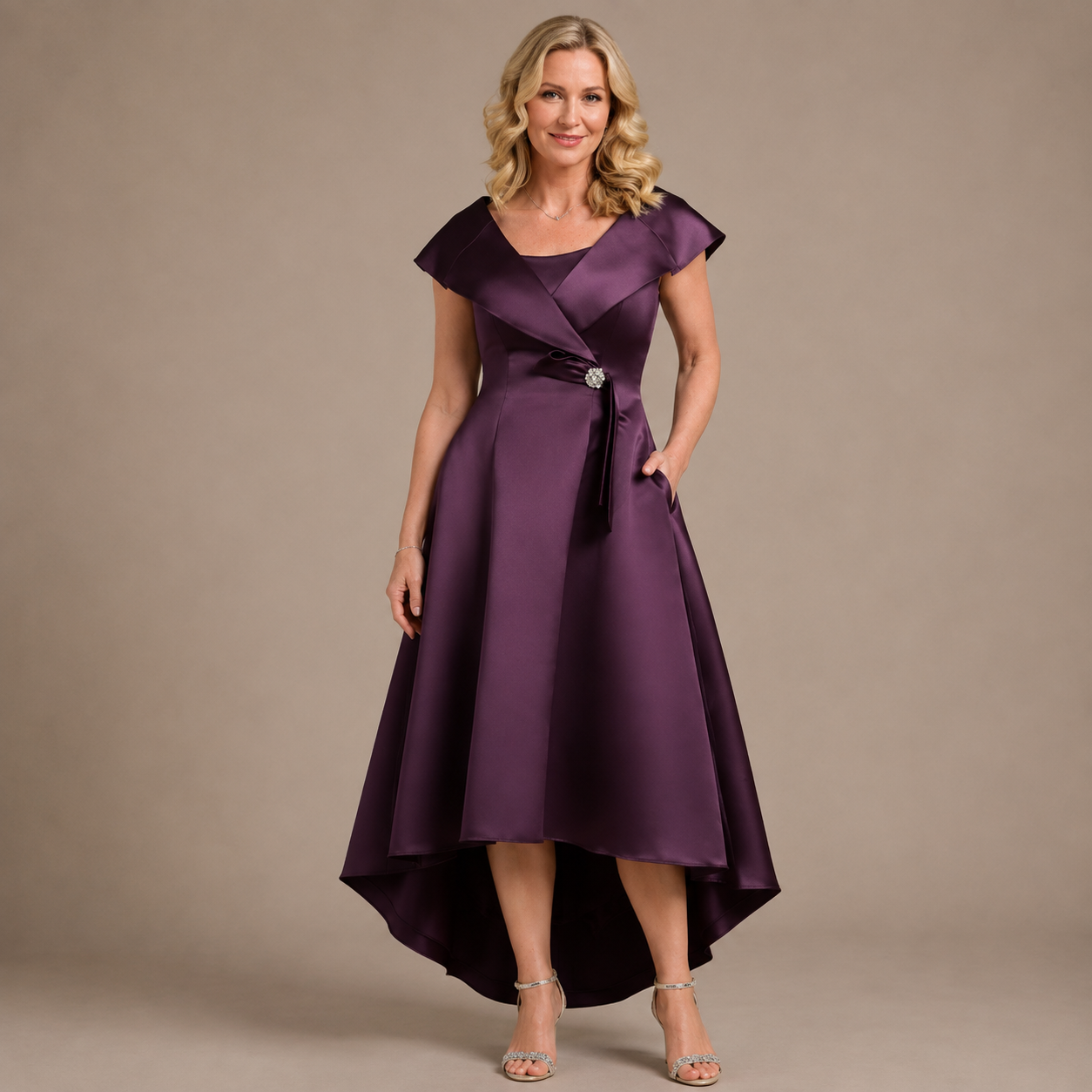 Elegantes High‑Low Festkleid für Damen, Revers‑Kragen, Kurzarm, Taschen, für Gala‑Abende und formelle Events