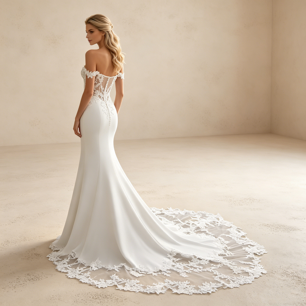 Abendkleid in Weiß mit Off-Shoulder-Spitzenträgern und Meerjungfrau-Schnitt