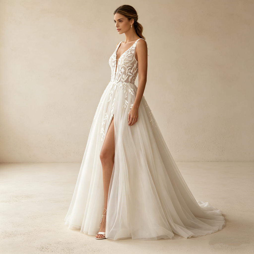 Elegantes A-Linien Abendkleid mit Beinschlitz – Bodenlanges Maxikleid mit floraler Stickerei und tiefem V-Ausschnitt