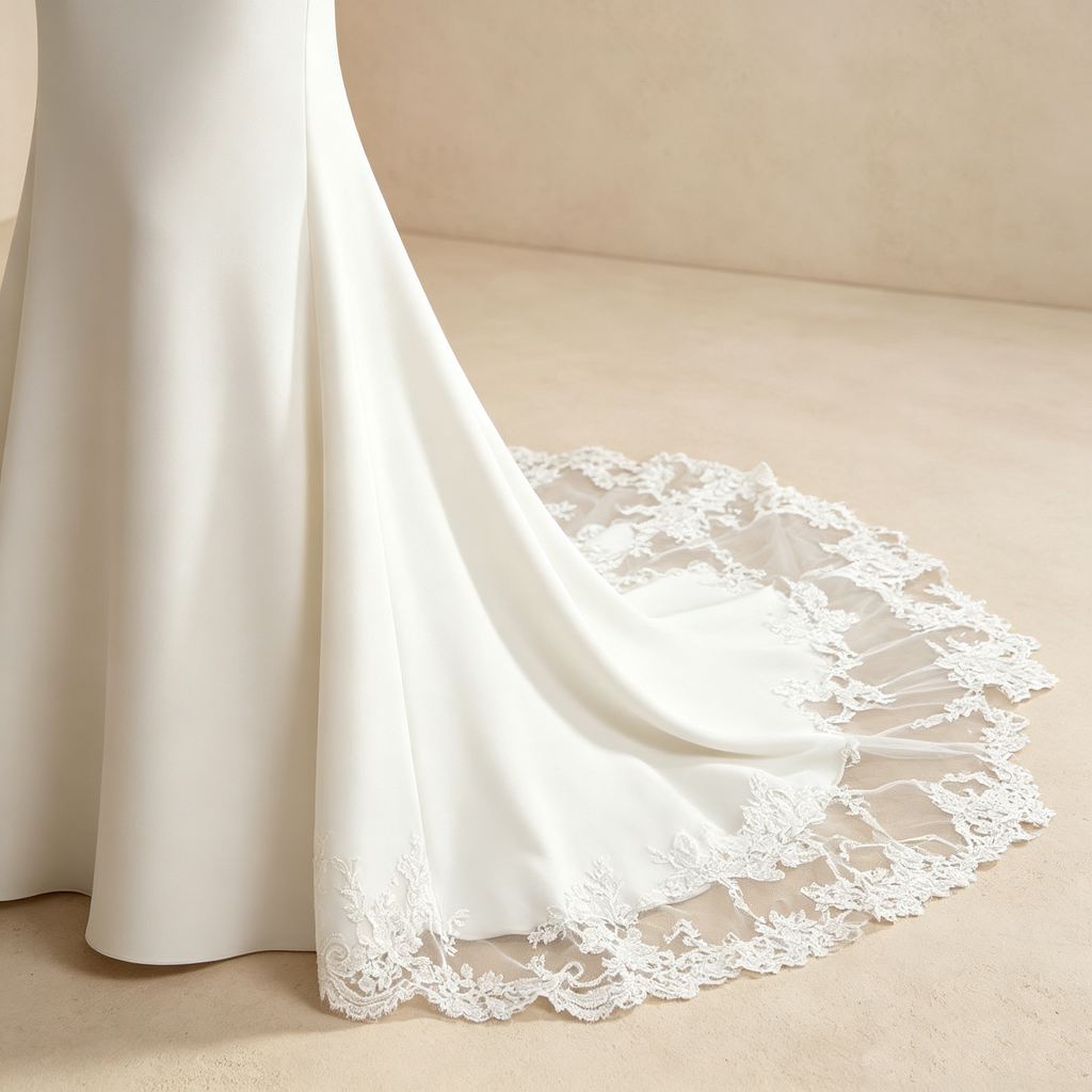 Abendkleid in Weiß mit Off-Shoulder-Spitzenträgern und Meerjungfrau-Schnitt