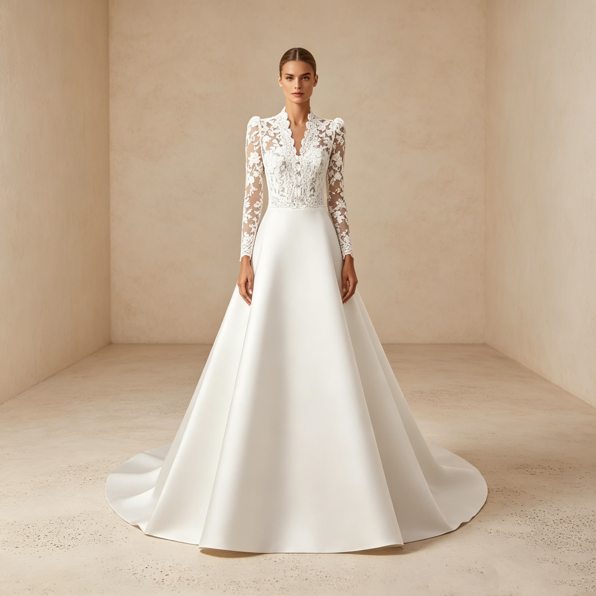 Abendkleid in Weiß mit Spitzen-Oberteil und langen Ärmeln