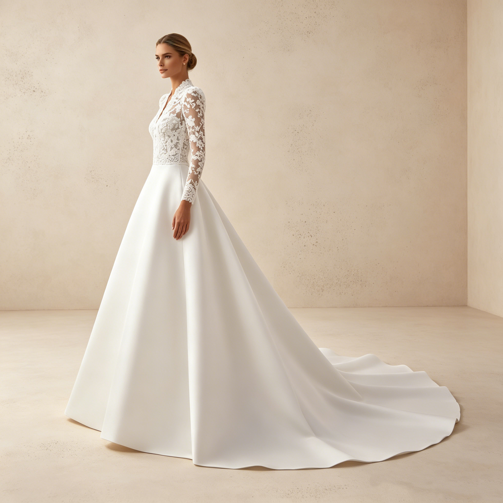 Abendkleid in Weiß mit Spitzen-Oberteil und langen Ärmeln
