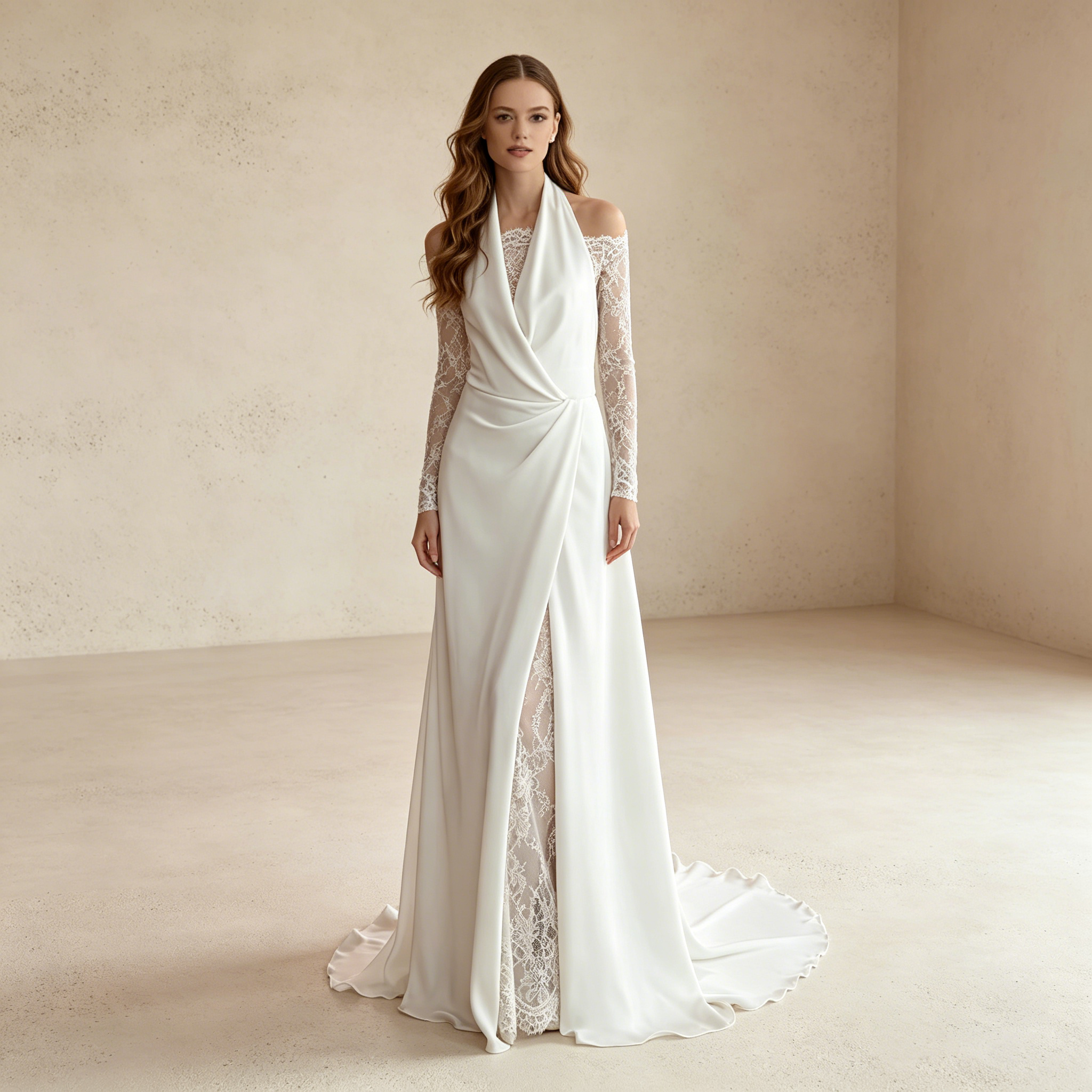 Halterneck Abendkleid mit Spitzenärmeln – Elegantes Maxikleid in Wickel-Optik
