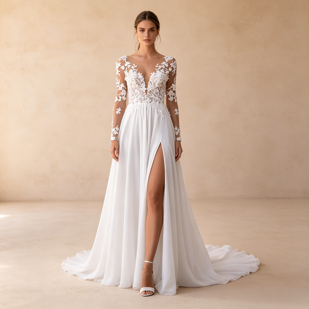Bodenlanges Langarm-Abendkleid in Elfenbein mit Spitzenoberteil, V-Ausschnitt, hohem Beinschlitz und A-Linie