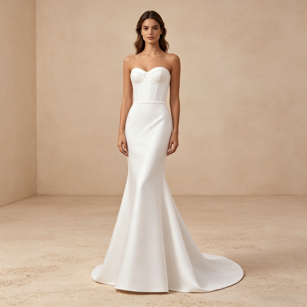 Elegantes Abendkleid in Reinweiß, Bodenlanges Maxikleid mit Meerjungfrau-Silhouette, Trägerlose Luxus-Galarobe