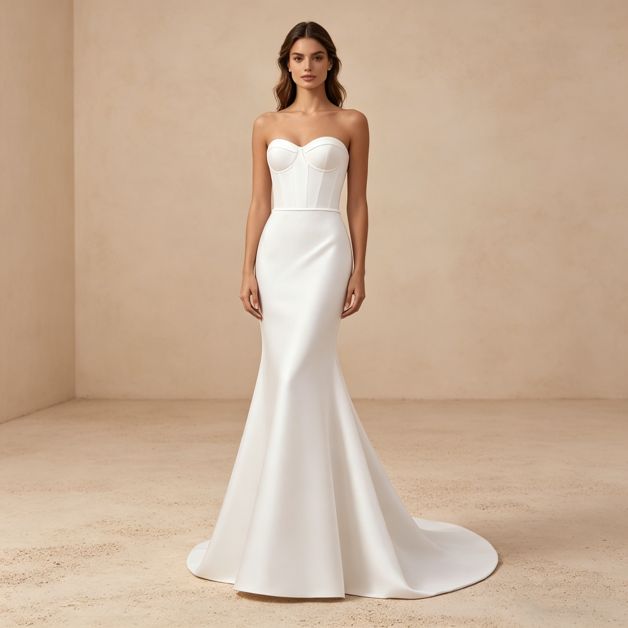 Elegantes Abendkleid in Reinweiß, Bodenlanges Maxikleid mit Meerjungfrau-Silhouette, Trägerlose Luxus-Galarobe