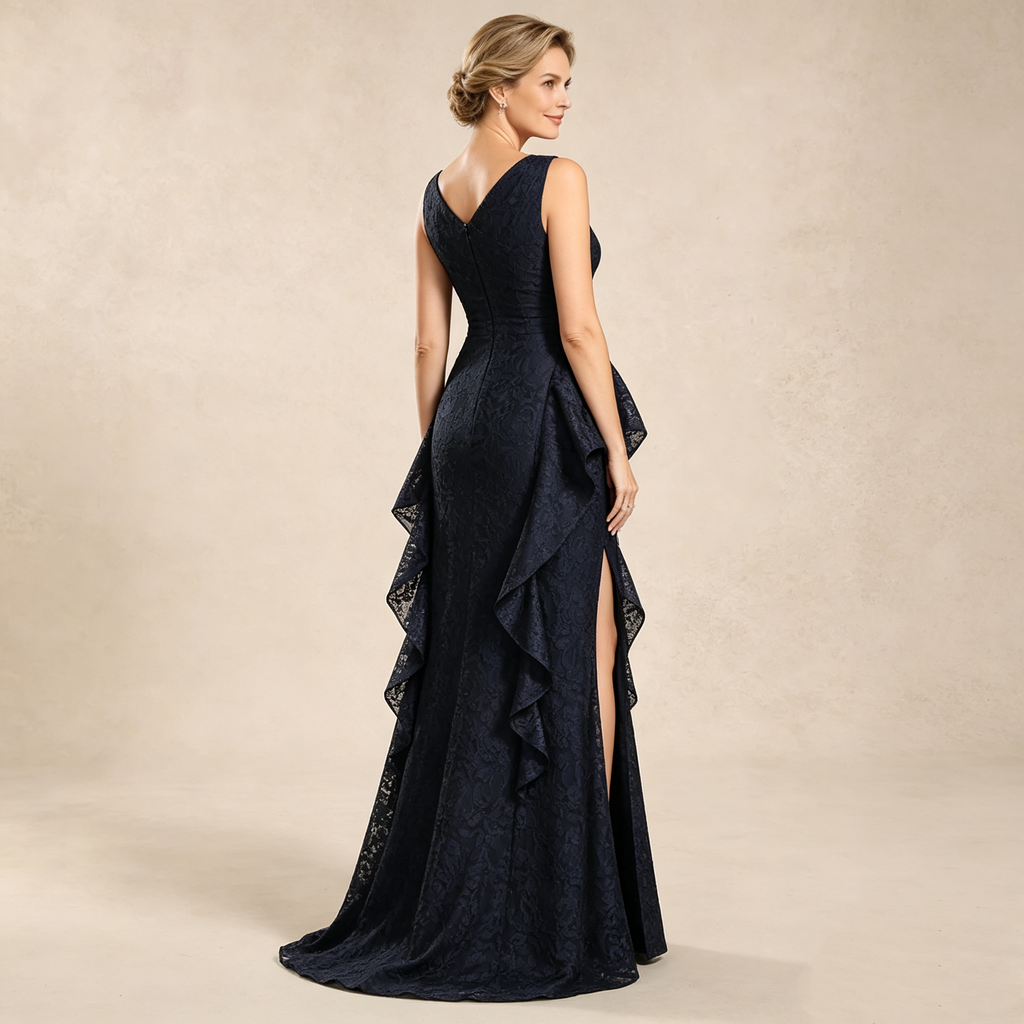 Ein-Schulter langes Spitzen-Festkleid mit asymmetrischer Volante und hohem Seitenschlitz, figurbetontes Maxikleid in Dunkelblau