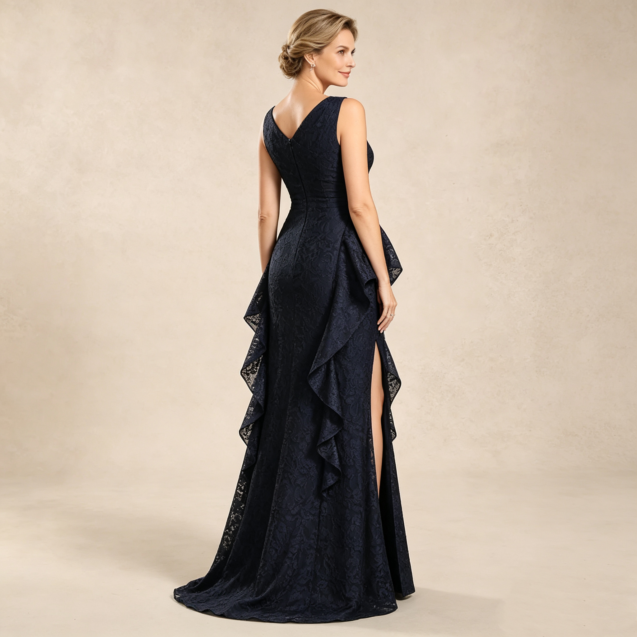 Ein-Schulter langes Spitzen-Festkleid mit asymmetrischer Volante und hohem Seitenschlitz, figurbetontes Maxikleid in Dunkelblau