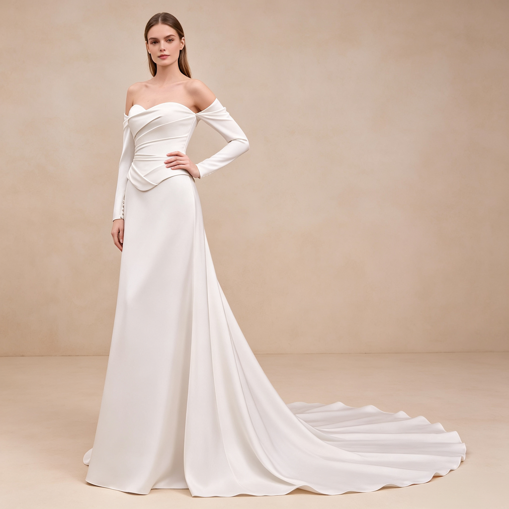 Bodenlanges Langarm-Abendkleid in Elfenbein mit schulterfreiem Ausschnitt, drapiertem Oberteil und A-Linie