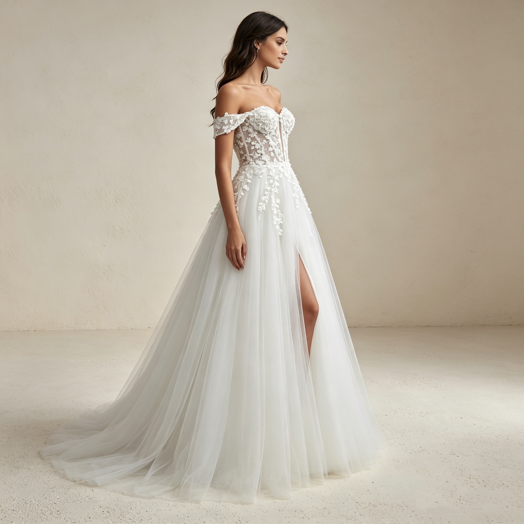 Elegantes Off-Shoulder Abendkleid mit Corsagen-Oberteil und Beinschlitz | Maßanfertigung