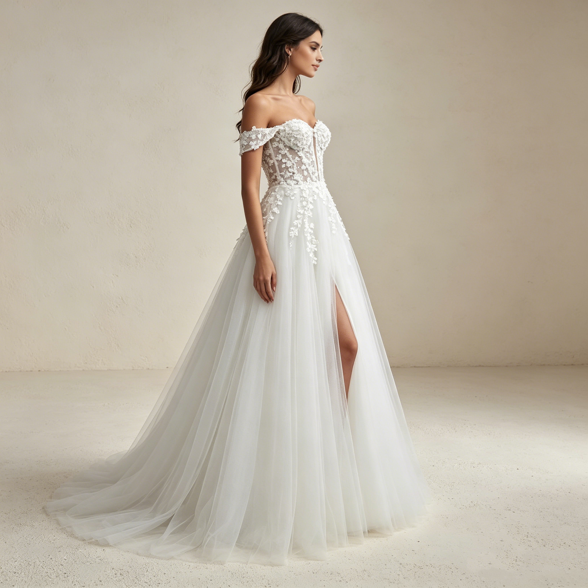 Elegantes Off-Shoulder Abendkleid mit Corsagen-Oberteil und Beinschlitz | Maßanfertigung