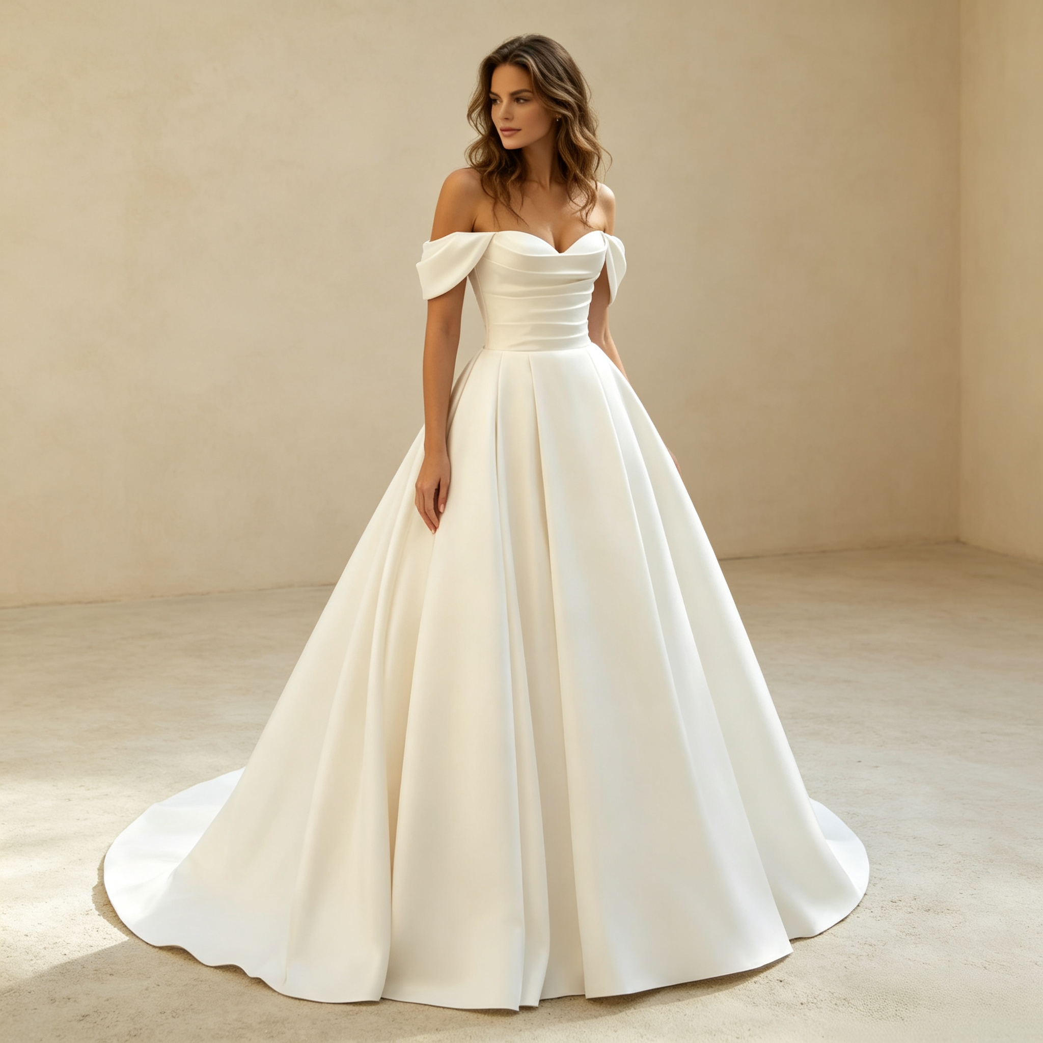 Damen Schulterfreies Satin-Maxikleid mit Drapierter Corsage und Faltenrock - Elfenbein
