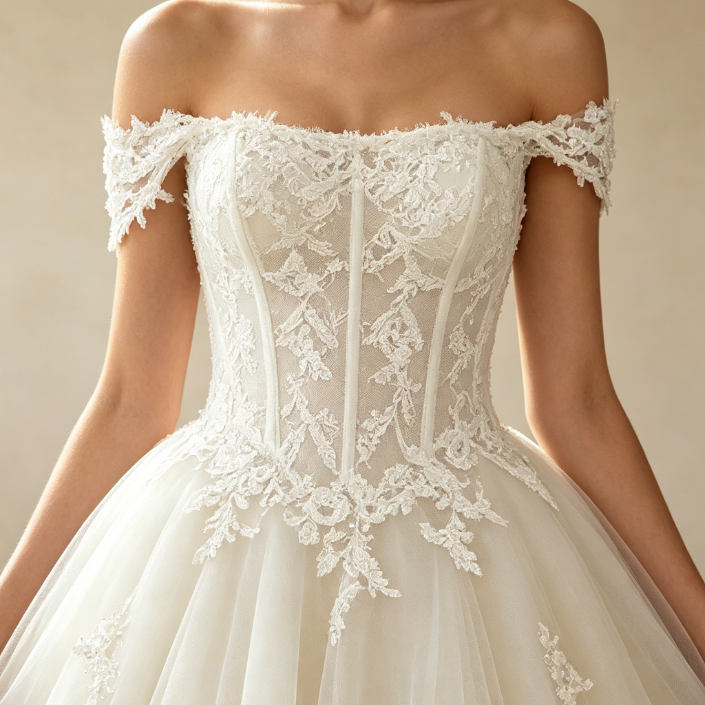 A-Linie Abendkleid Schulterfrei mit Applikationen Elegantes Prinzessin Ballkleid Tüll Maxikleid - Elfenbein