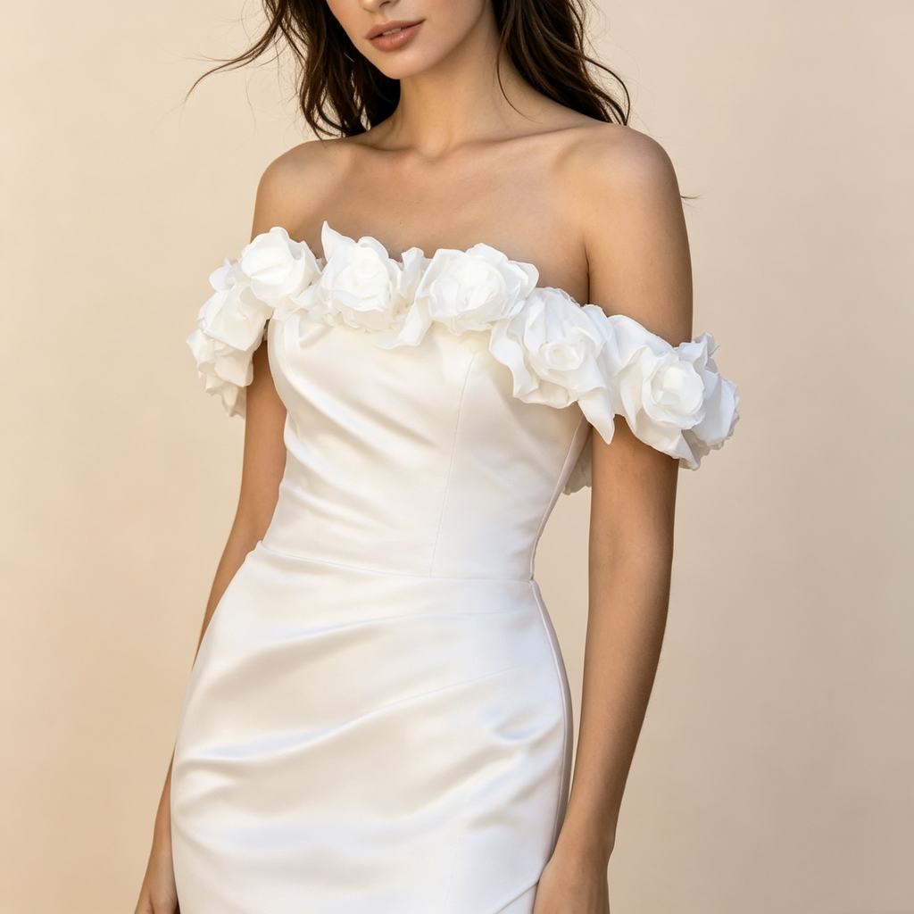 Tailliertes Fischgrät‑Kleid schulterfrei mit 3D‑Blumen‑Dekor für formelle Anlässe