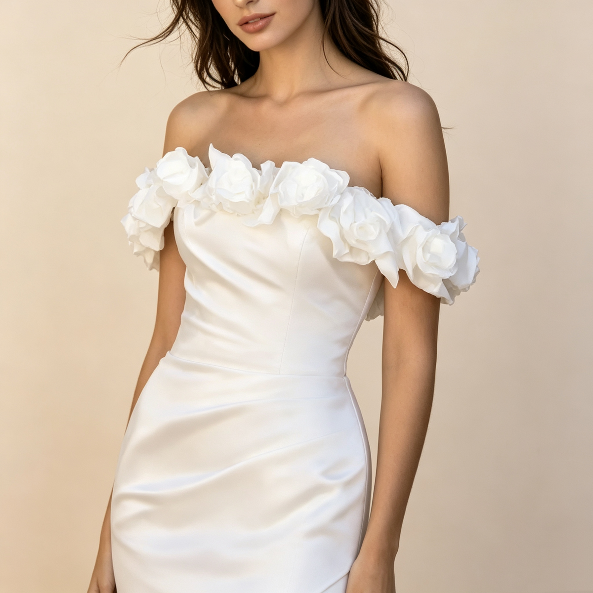 Tailliertes Fischgrät‑Kleid schulterfrei mit 3D‑Blumen‑Dekor für formelle Anlässe