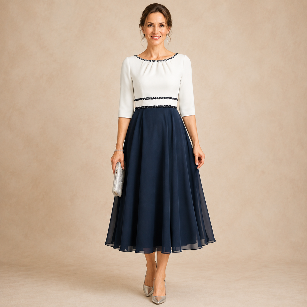 Elegantes Damen Midi‑Kleid mit 3/4‑Ärmeln, Farbblock‑Design, Steinbesatz am Ausschnitt, festliches Outfit für besondere Anlässe