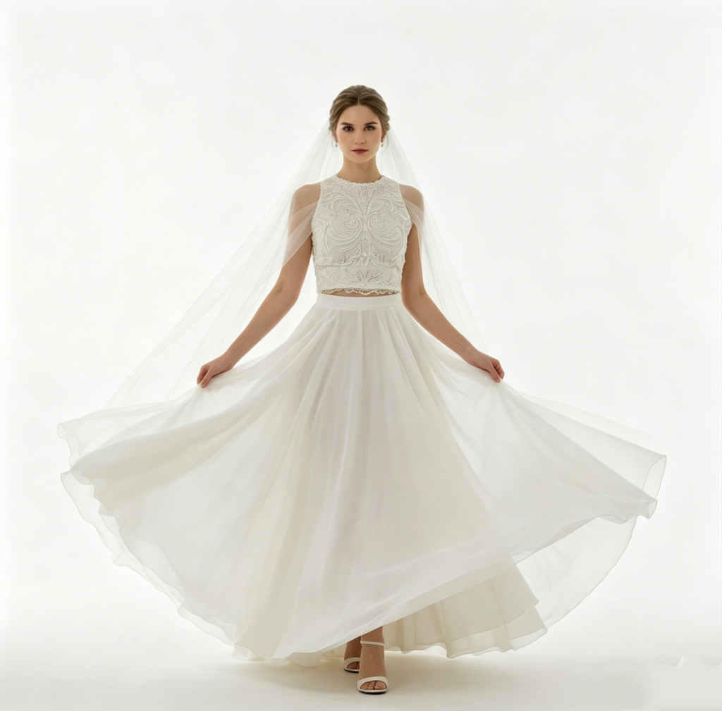 Zweiteiliges weißes Abendkleid mit besticktem Top und fließendem Maxirock, elegantes Set für festliche Anlässe