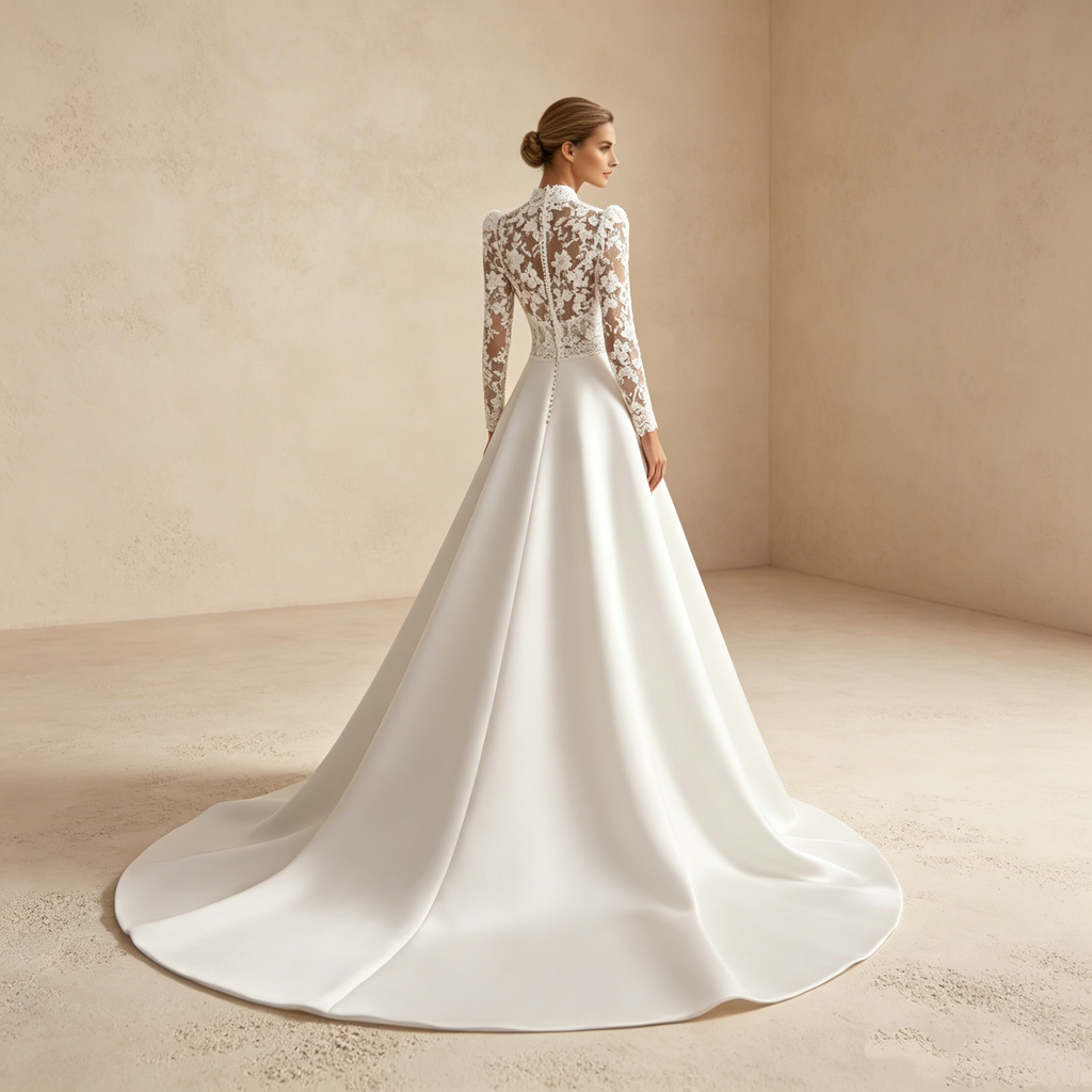 Abendkleid in Weiß mit Spitzen-Oberteil und langen Ärmeln