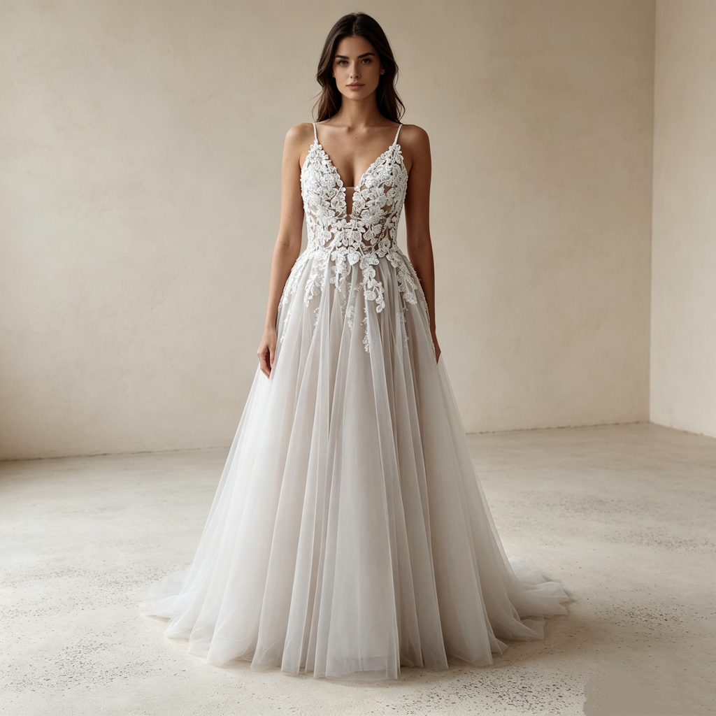 Romantisches Abendkleid mit V-Ausschnitt und Spitzen-Applikationen – Bodenlanges A-Linien Maxikleid aus Tüll in Elfenbein