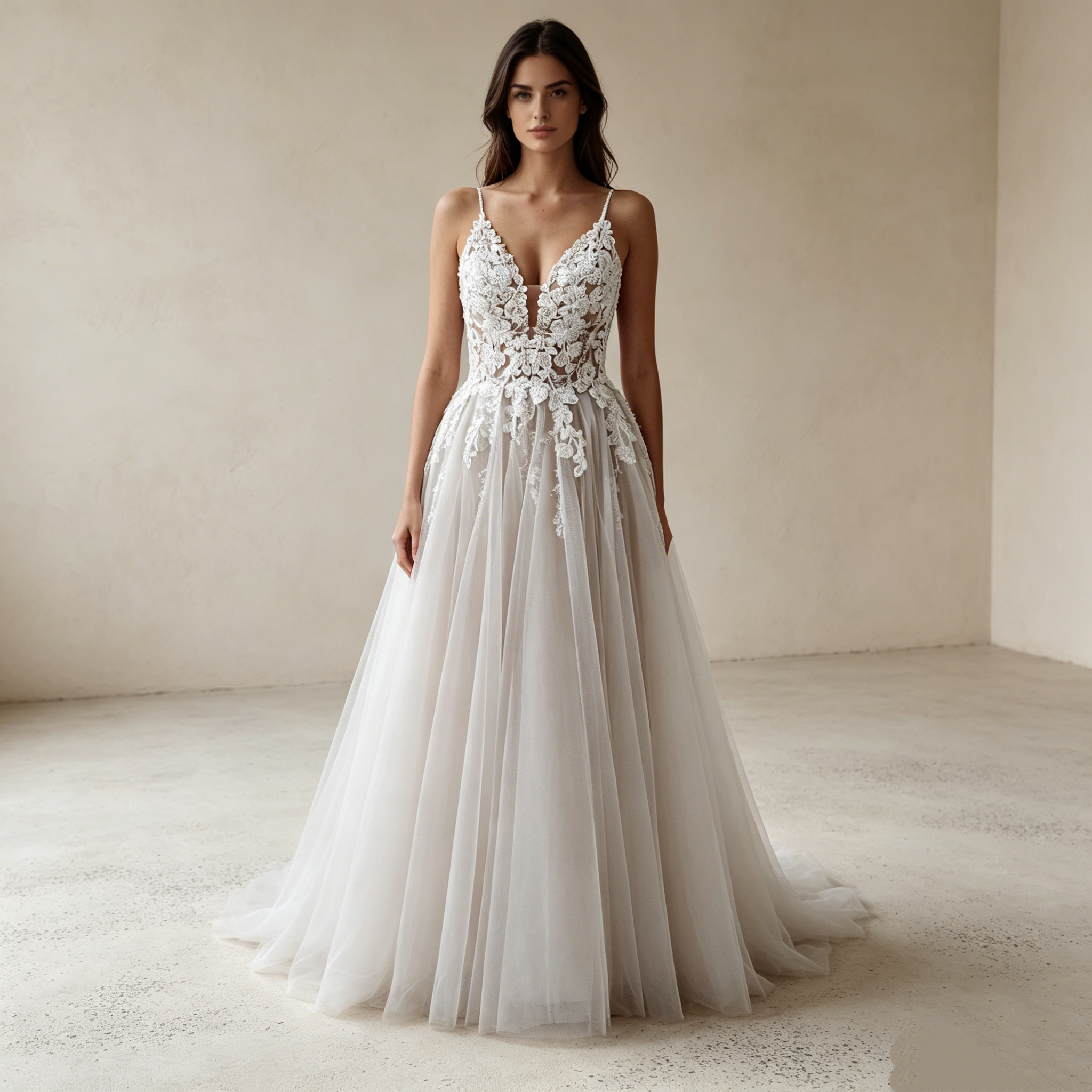 Romantisches Abendkleid mit V-Ausschnitt und Spitzen-Applikationen – Bodenlanges A-Linien Maxikleid aus Tüll in Elfenbein