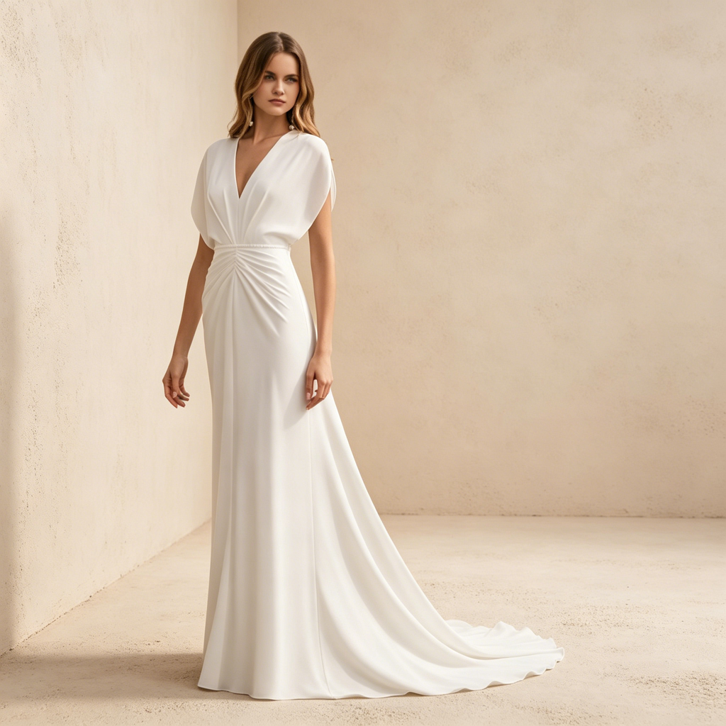 Elegantes Maxikleid mit V-Ausschnitt in Weiß – Figurbetontes langes Abendkleid mit Raffung