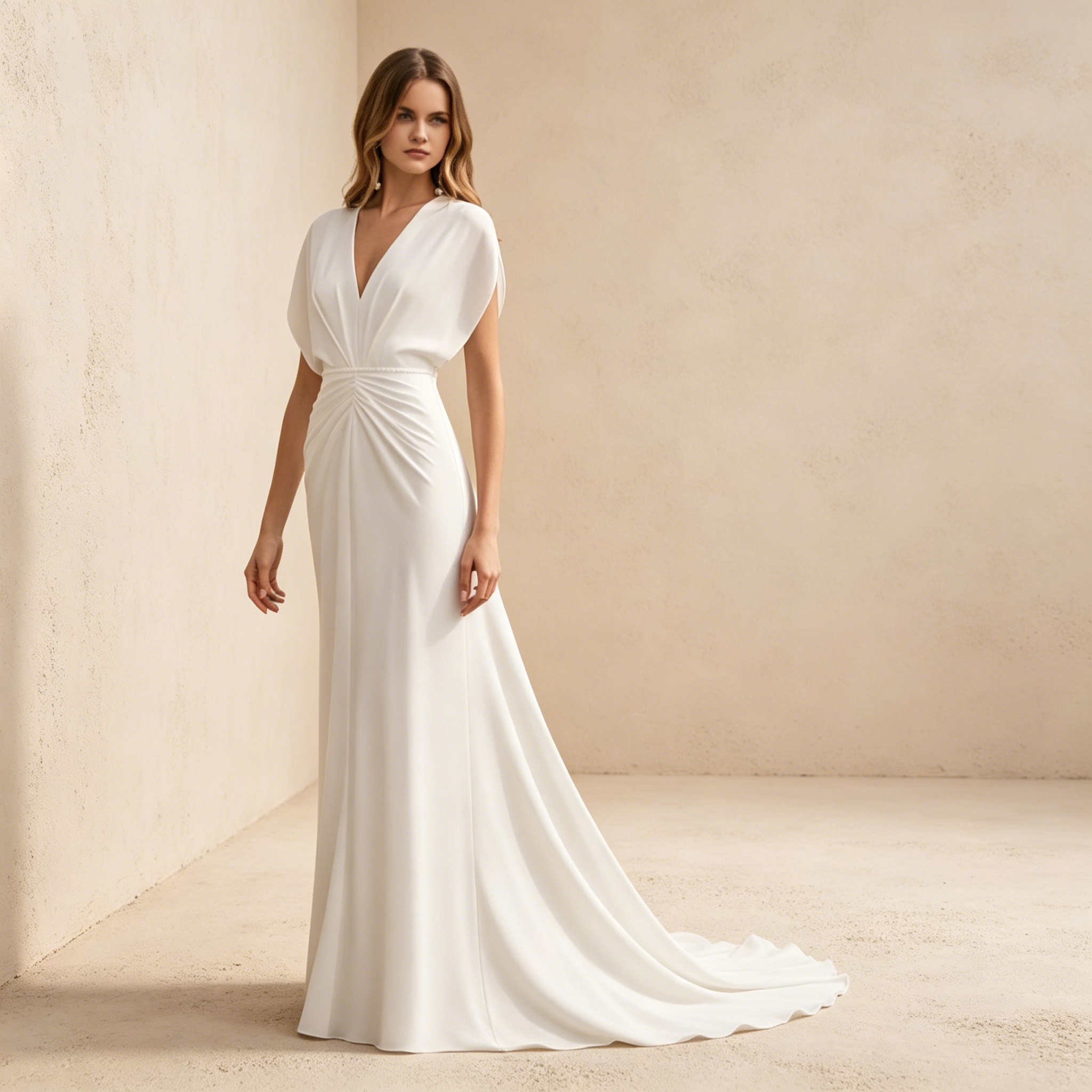 Elegantes Maxikleid mit V-Ausschnitt in Weiß – Figurbetontes langes Abendkleid mit Raffung