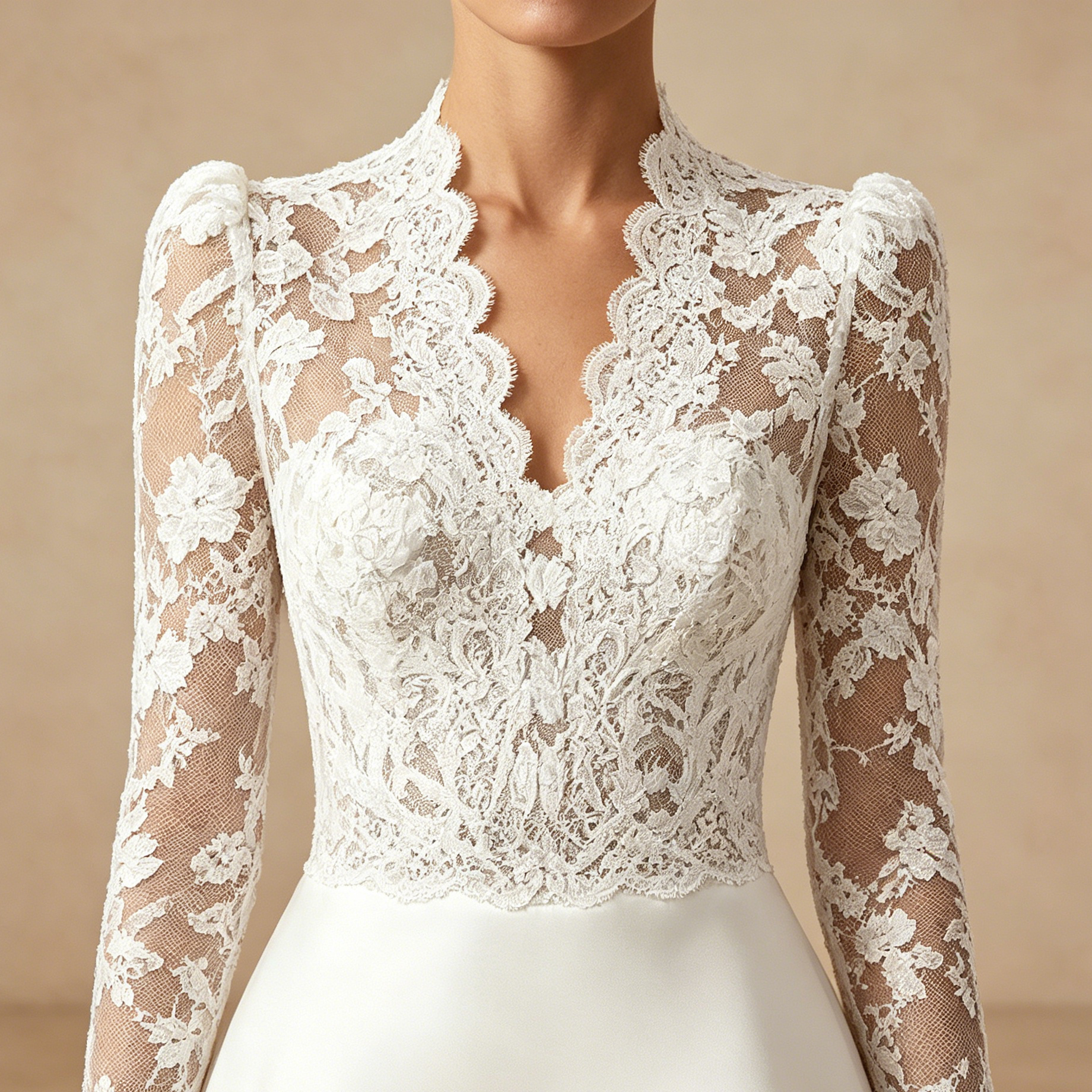 Abendkleid in Weiß mit Spitzen-Oberteil und langen Ärmeln