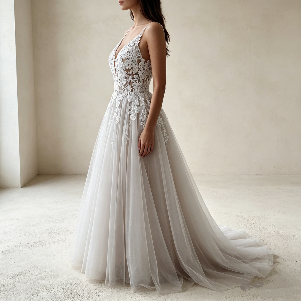 Romantisches Abendkleid mit V-Ausschnitt und Spitzen-Applikationen – Bodenlanges A-Linien Maxikleid aus Tüll in Elfenbein