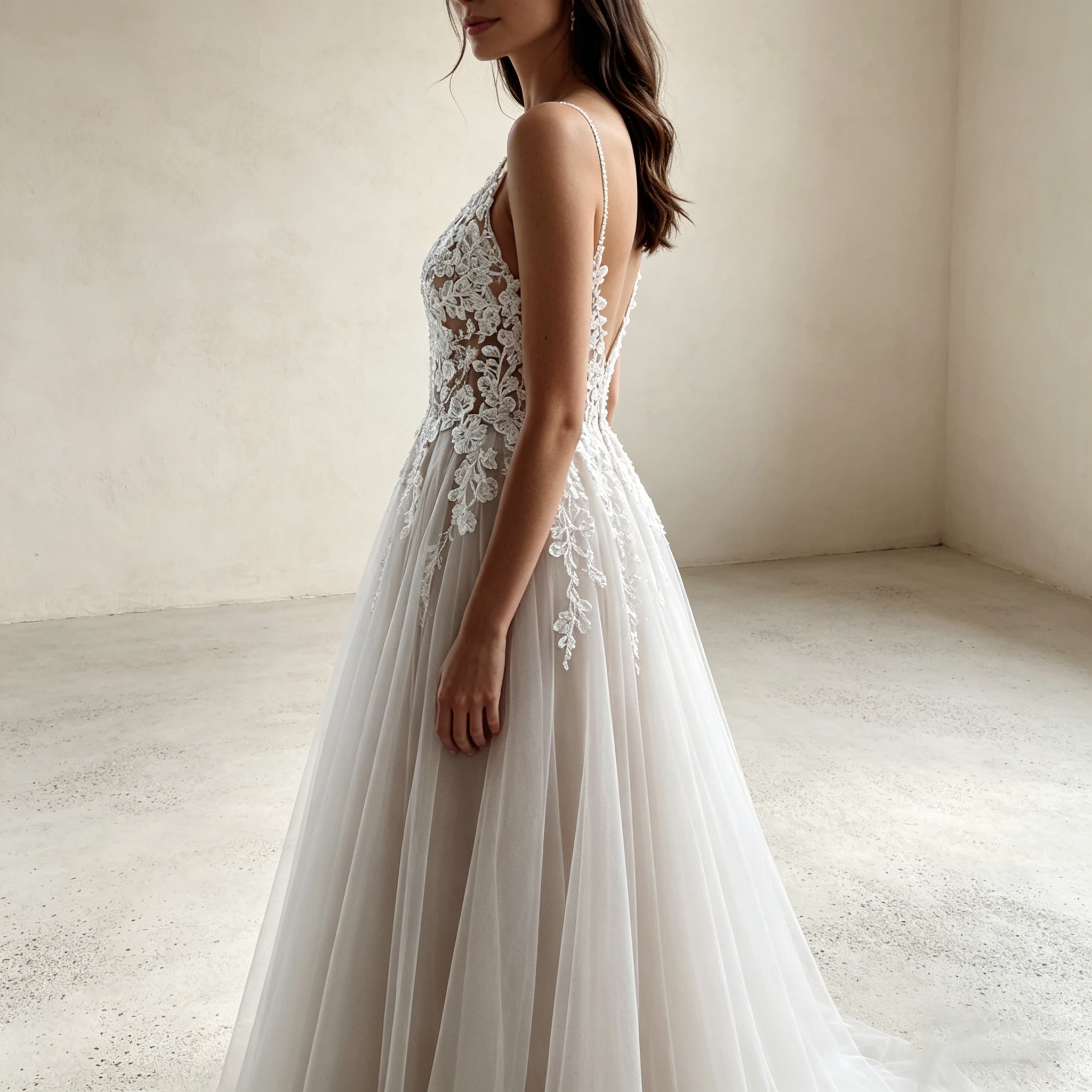 Romantisches Abendkleid mit V-Ausschnitt und Spitzen-Applikationen – Bodenlanges A-Linien Maxikleid aus Tüll in Elfenbein