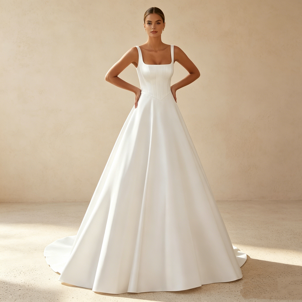 Abendkleid in Weiß mit eckigem Ausschnitt und Korsett-Oberteil