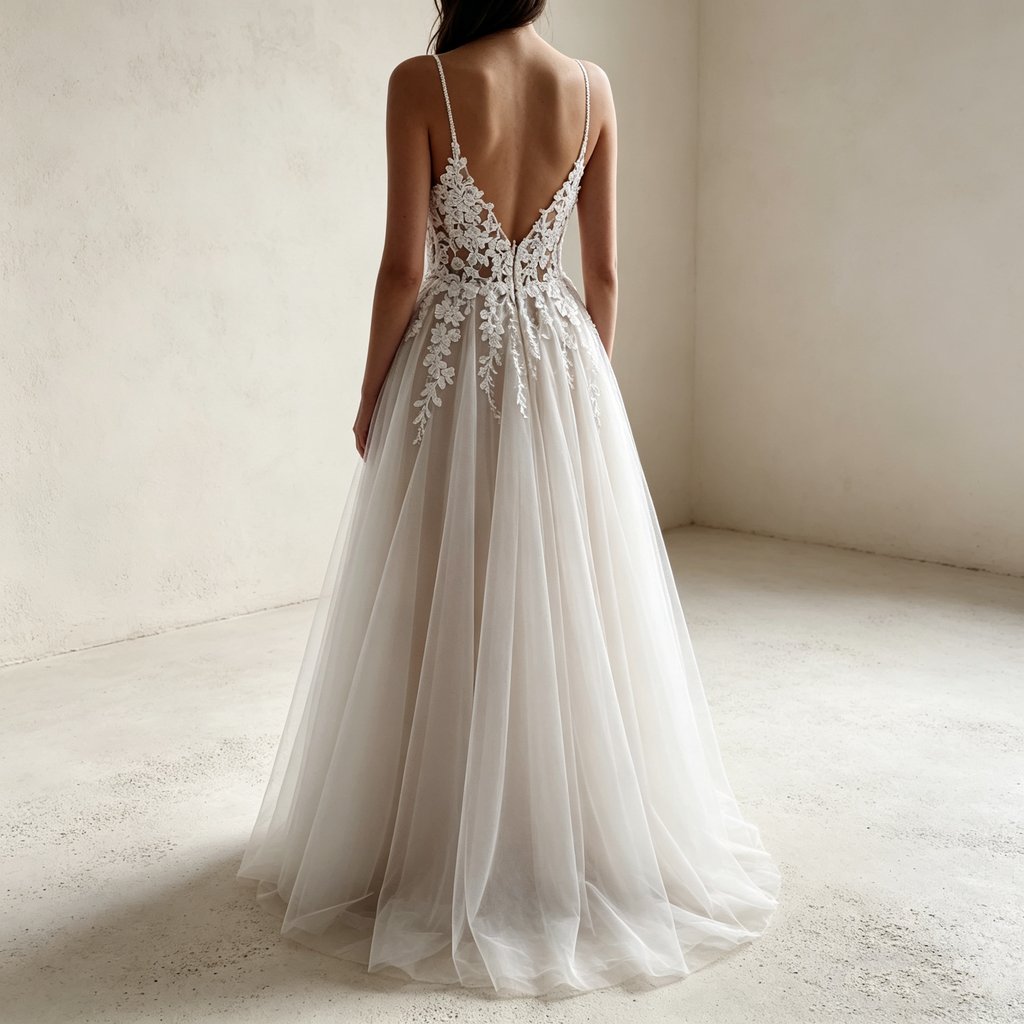 Romantisches Abendkleid mit V-Ausschnitt und Spitzen-Applikationen – Bodenlanges A-Linien Maxikleid aus Tüll in Elfenbein
