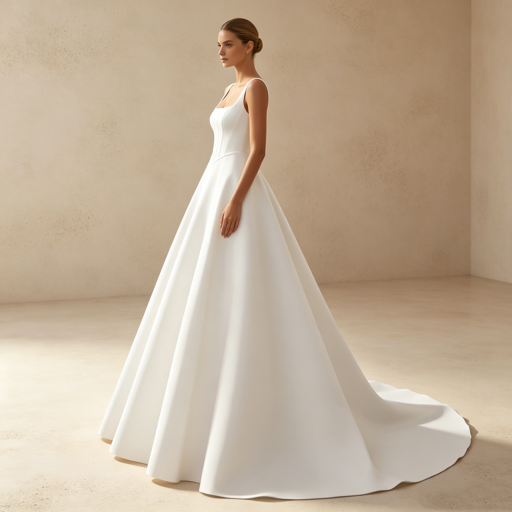 Abendkleid in Weiß mit eckigem Ausschnitt und Korsett-Oberteil