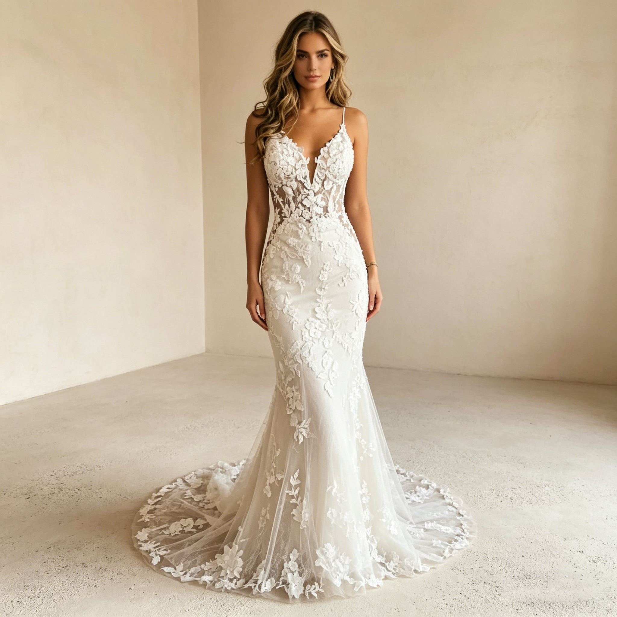 Elegantes Meerjungfrau-Abendkleid mit floraler Spitze – Bodenlanges Maxikleid mit tiefem V-Ausschnitt in Elfenbein