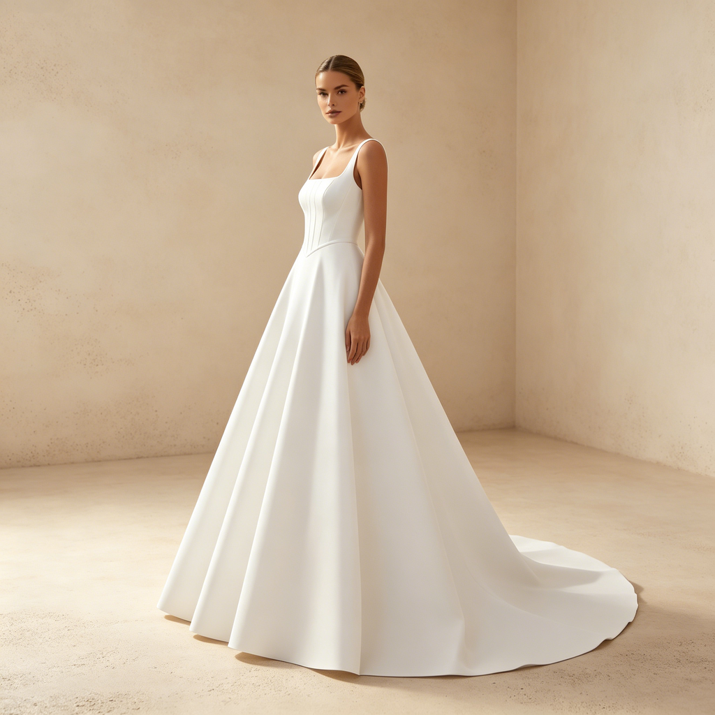 Abendkleid in Weiß mit eckigem Ausschnitt und Korsett-Oberteil