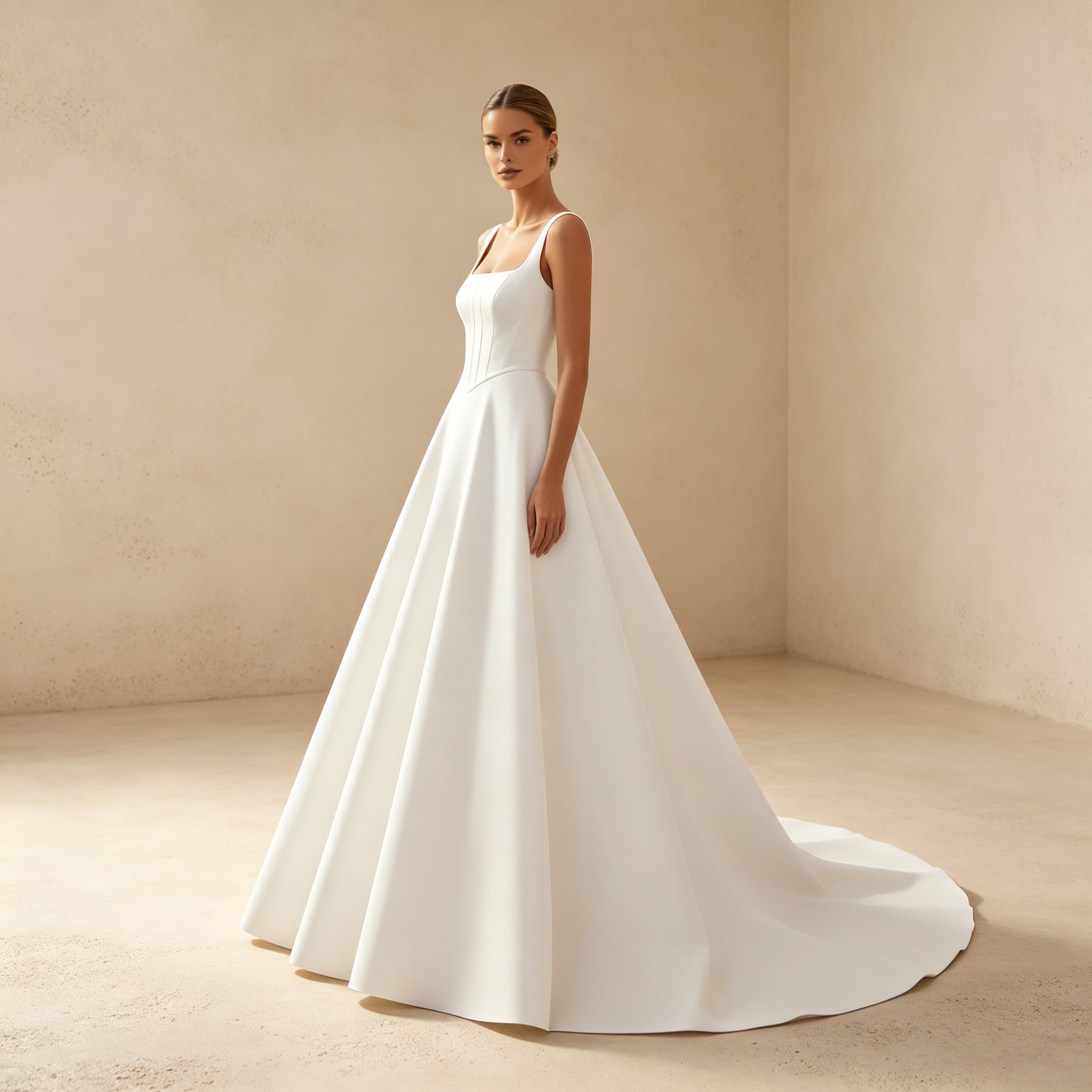 Abendkleid in Weiß mit eckigem Ausschnitt und Korsett-Oberteil
