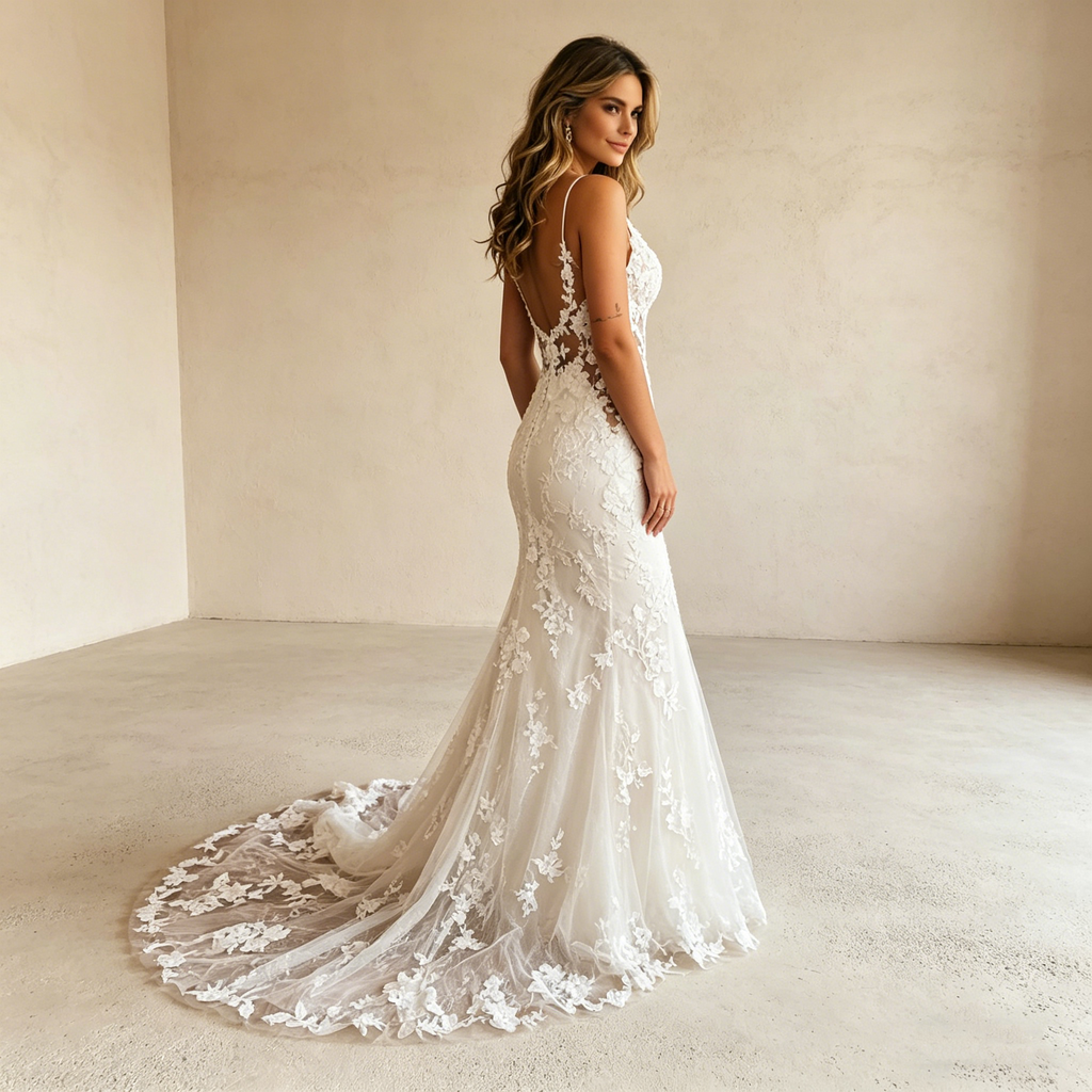 Elegantes Meerjungfrau-Abendkleid mit floraler Spitze – Bodenlanges Maxikleid mit tiefem V-Ausschnitt in Elfenbein