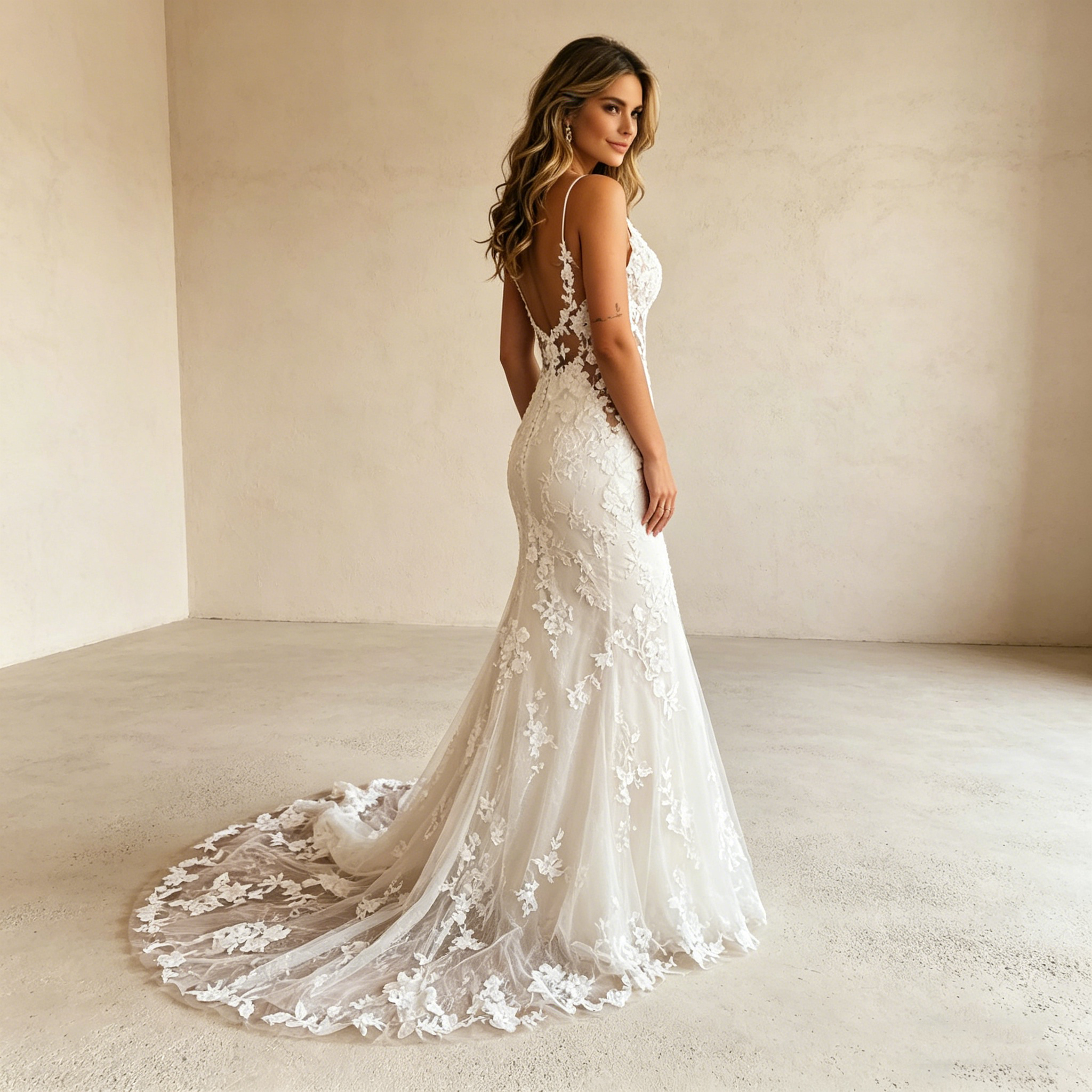 Elegantes Meerjungfrau-Abendkleid mit floraler Spitze – Bodenlanges Maxikleid mit tiefem V-Ausschnitt in Elfenbein