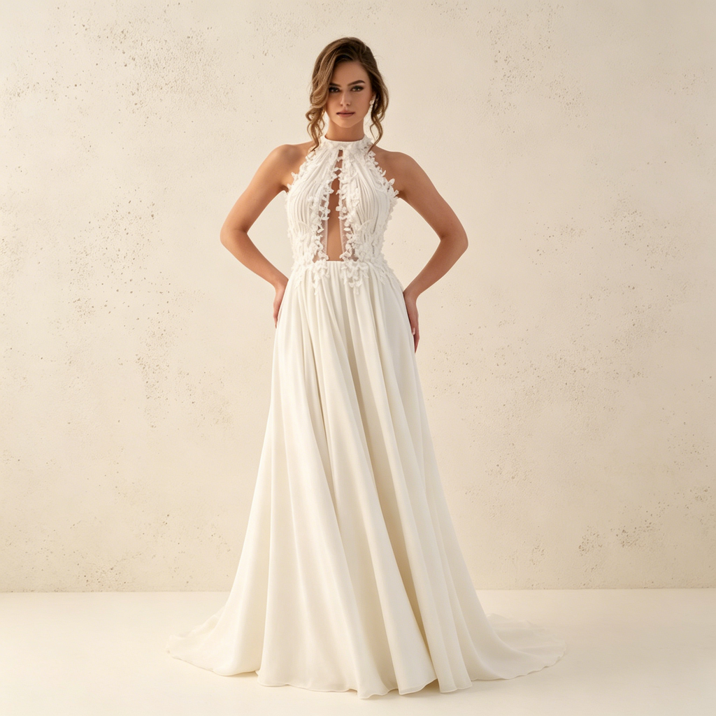 Bodenlanges Chiffonkleid mit Spitzenbesatz – Ärmelloses weißes Festkleid für Besondere Anlässe