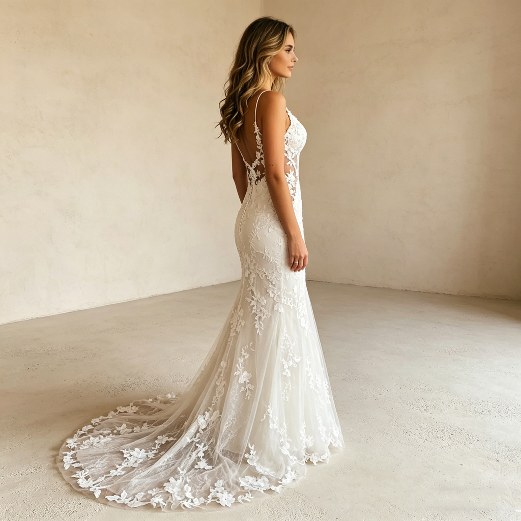 Elegantes Meerjungfrau-Abendkleid mit floraler Spitze – Bodenlanges Maxikleid mit tiefem V-Ausschnitt in Elfenbein
