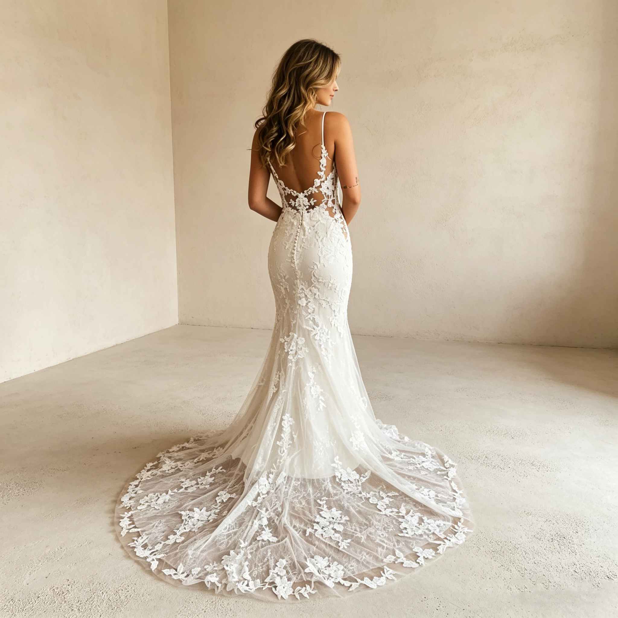 Elegantes Meerjungfrau-Abendkleid mit floraler Spitze – Bodenlanges Maxikleid mit tiefem V-Ausschnitt in Elfenbein
