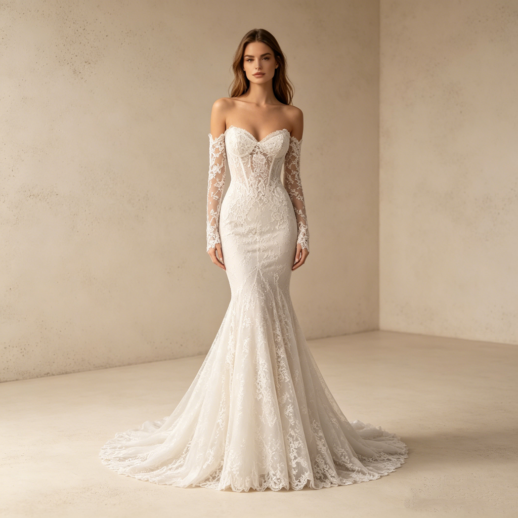 Abendkleid in Weiß aus Spitze mit Off-Shoulder-Ärmeln und Meerjungfrau-Schnitt