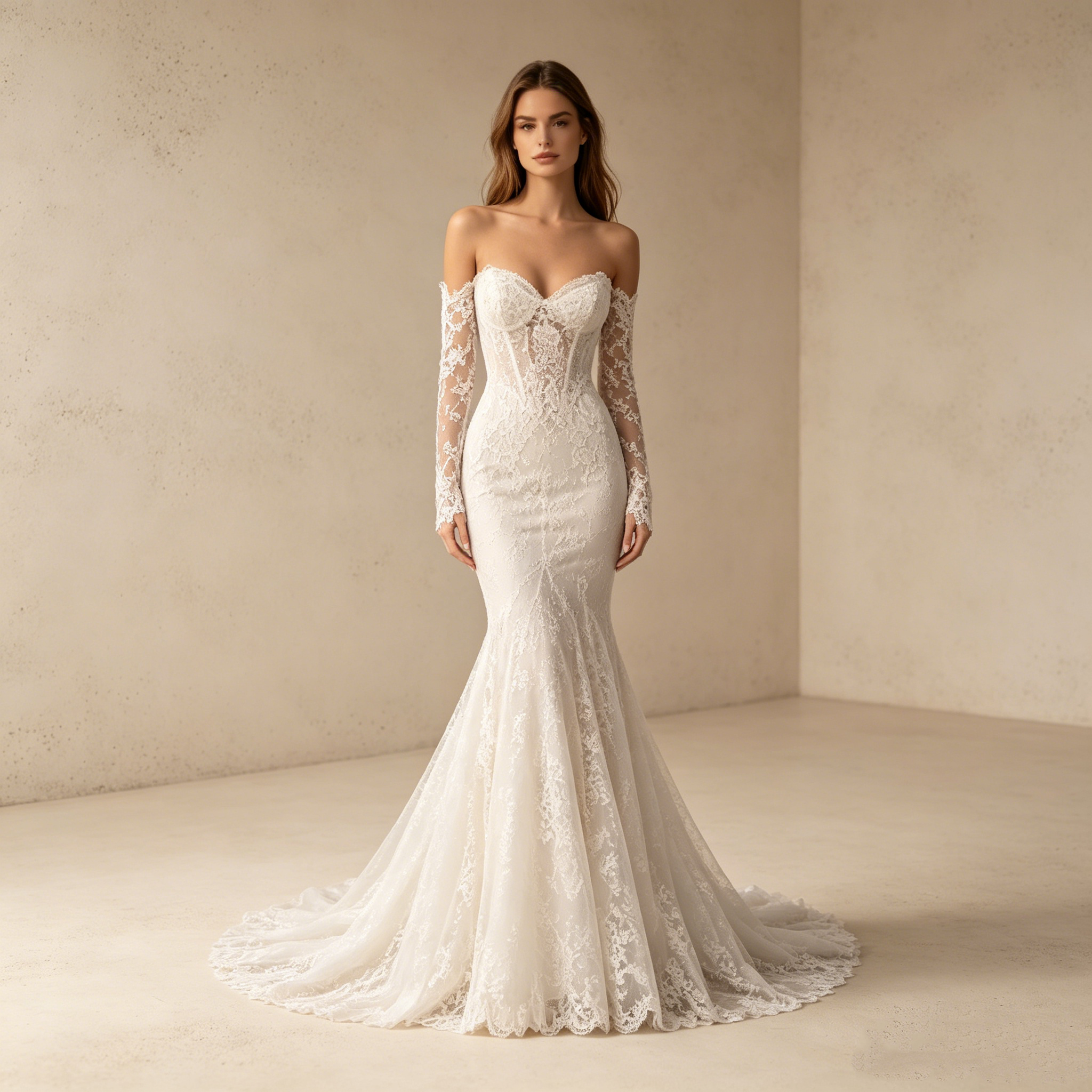 Abendkleid in Weiß aus Spitze mit Off-Shoulder-Ärmeln und Meerjungfrau-Schnitt