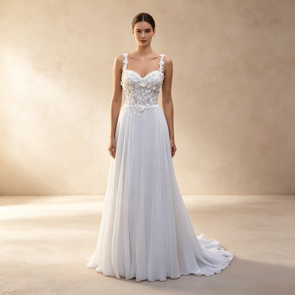Elegantes weißes A-Linie-Kleid mit floraler Spitze und Trägern - Luftiger Chiffon-Rock