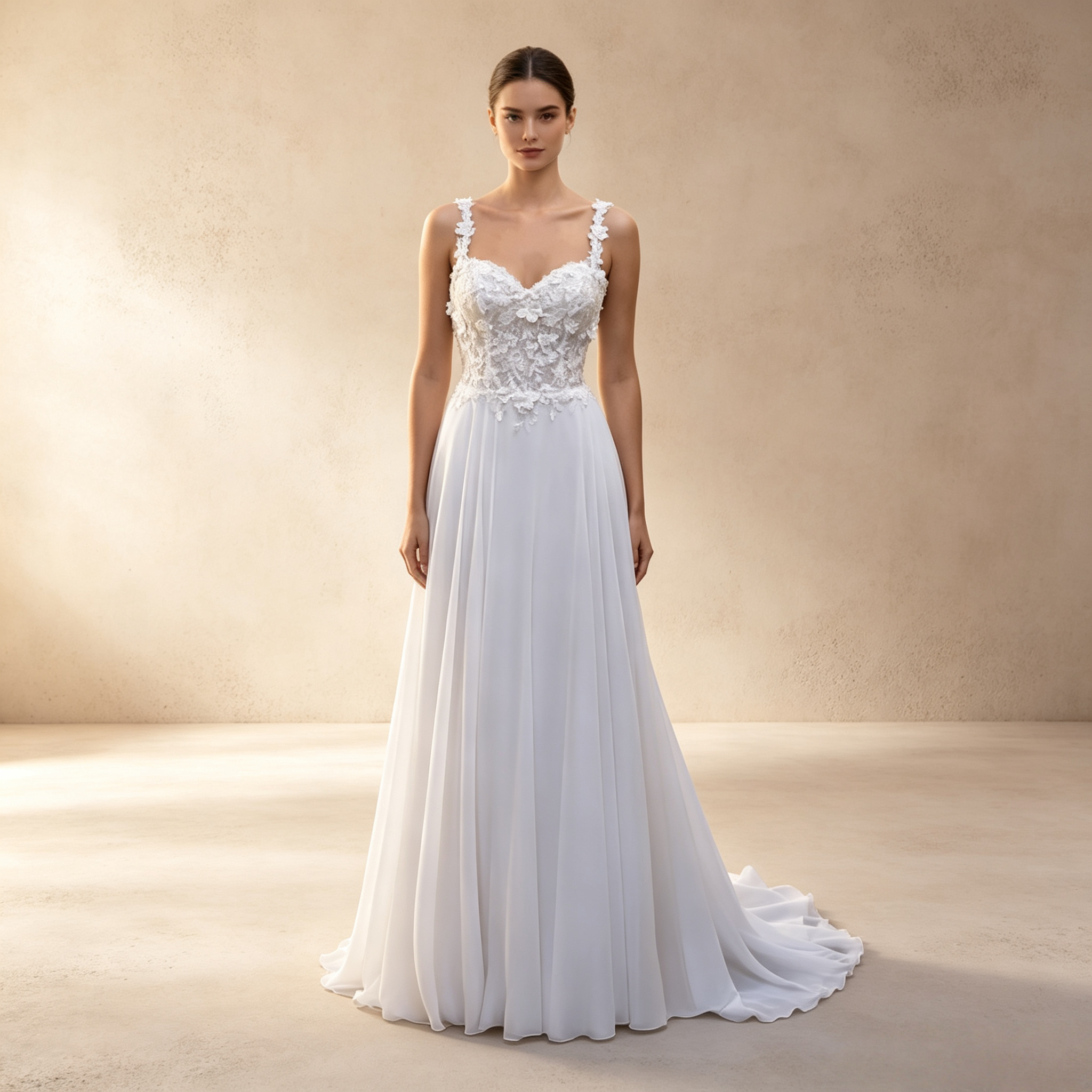Elegantes weißes A-Linie-Kleid mit floraler Spitze und Trägern - Luftiger Chiffon-Rock