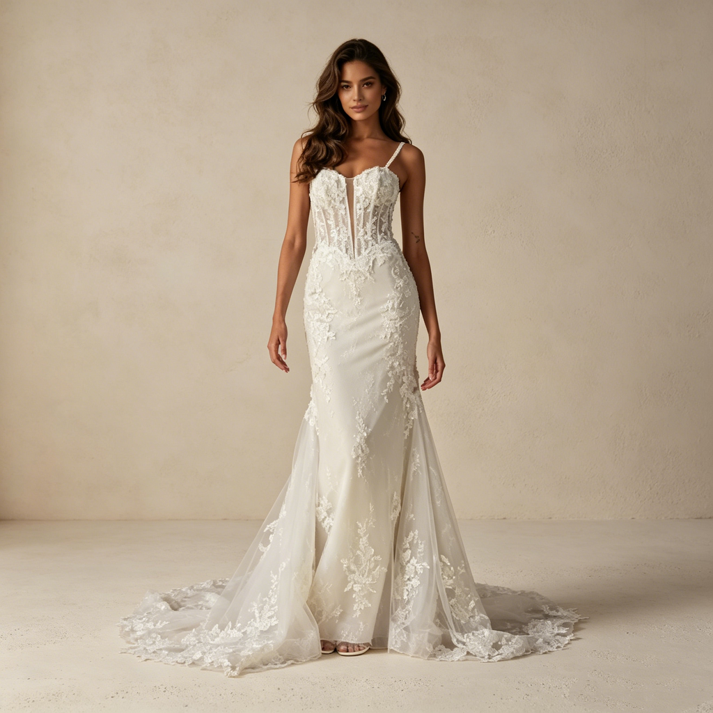 Exklusives Meerjungfrau-Maxikleid mit Illusions-Korsett – Elegantes Abendkleid mit floraler Spitze und Schleppe