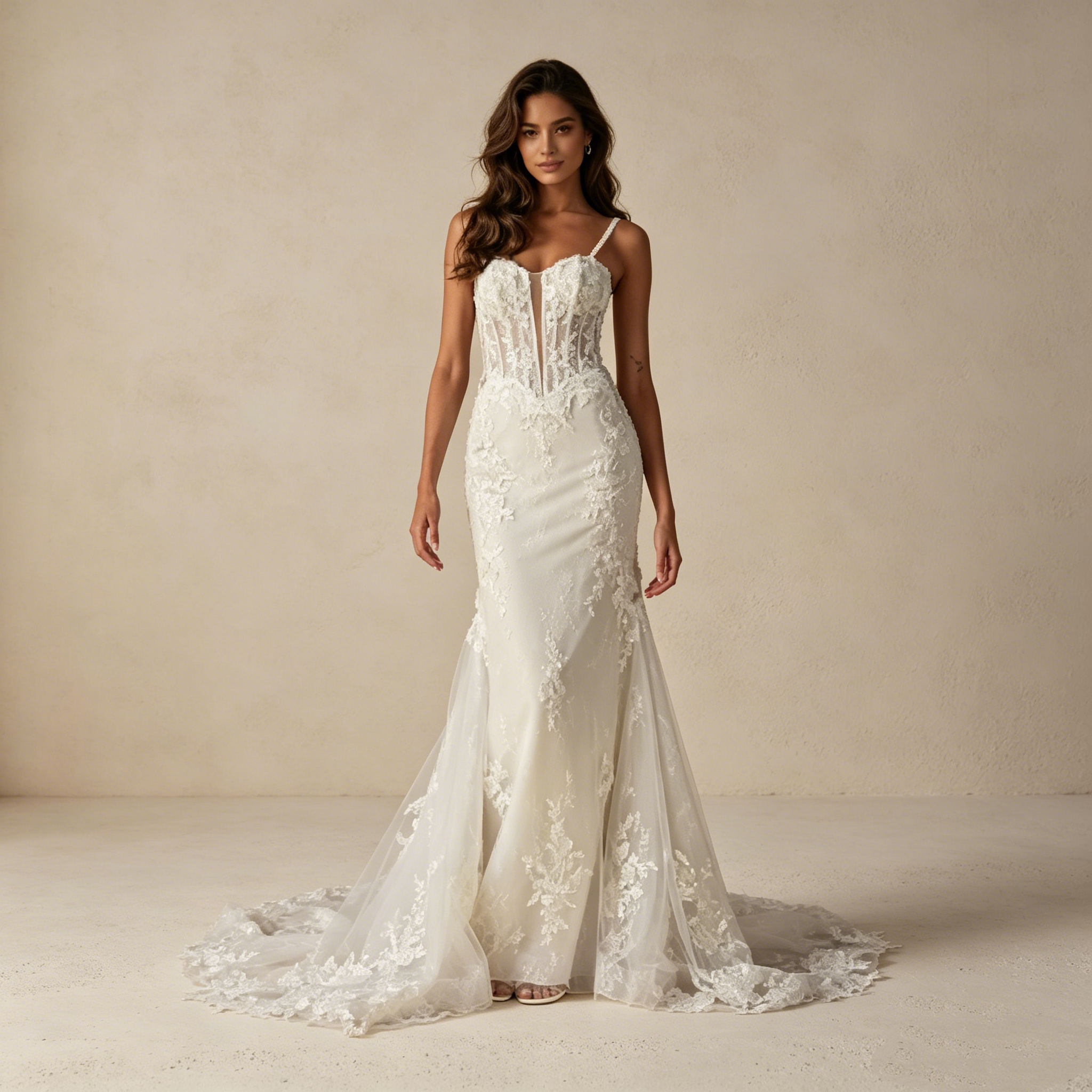 Exklusives Meerjungfrau-Maxikleid mit Illusions-Korsett – Elegantes Abendkleid mit floraler Spitze und Schleppe