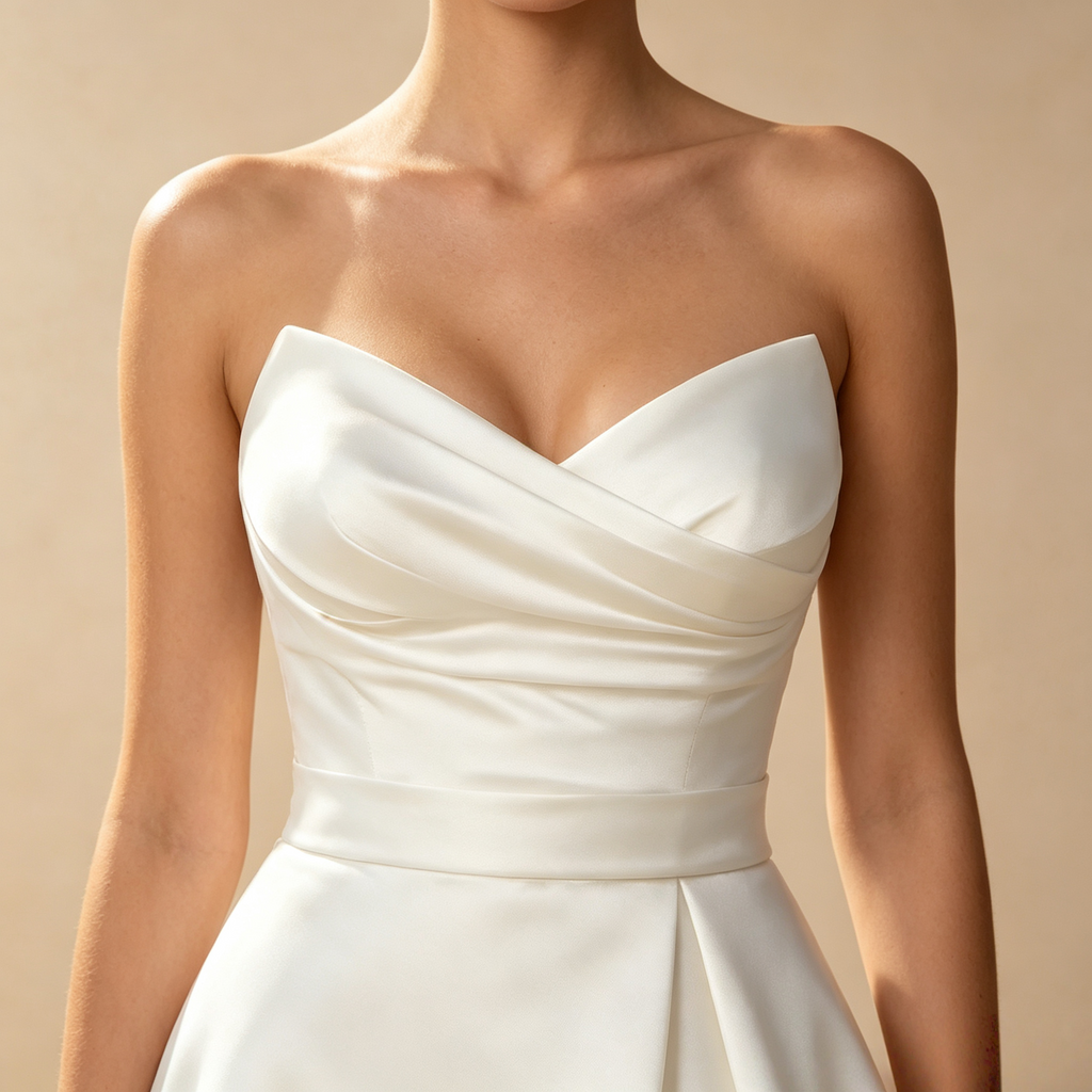 Elegantes trägerloses Satin-Kleid im A-Linien-Schnitt mit hohem Beinschlitz