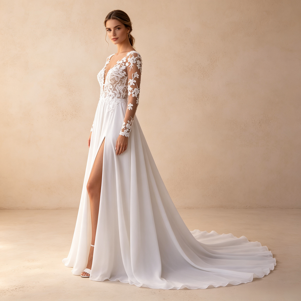 Bodenlanges Langarm-Abendkleid in Elfenbein mit Spitzenoberteil, V-Ausschnitt, hohem Beinschlitz und A-Linie