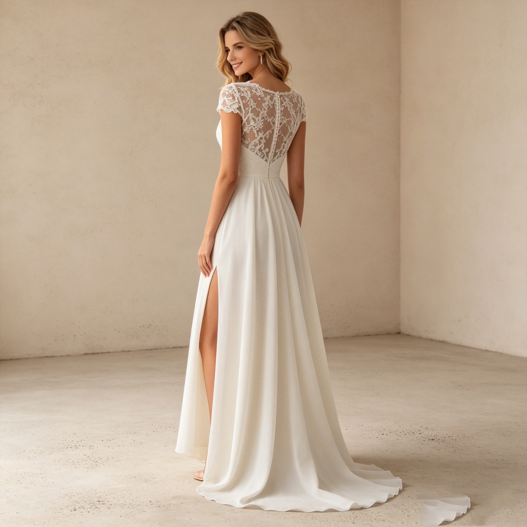 Moderner High-Low-Chic: Elegantes Midikleid in Elfenbein mit feiner Spitze und schwingendem Chiffon-Rock